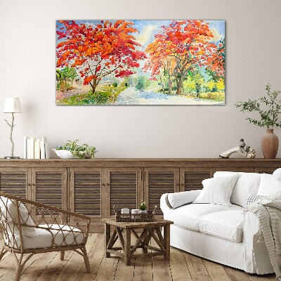 Autumn trees in the color of fire Wall art on glass