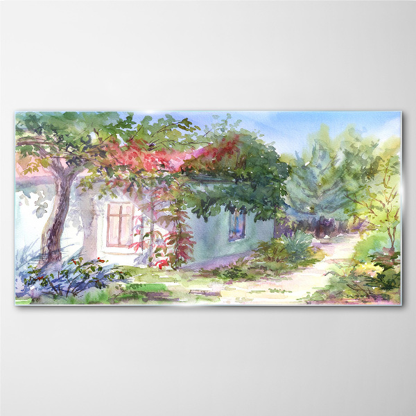 Summer landscape with house and trees Wall art on glass