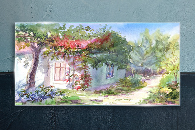 Summer landscape with house and trees Wall art on glass