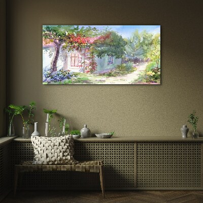 Summer landscape with house and trees Wall art on glass