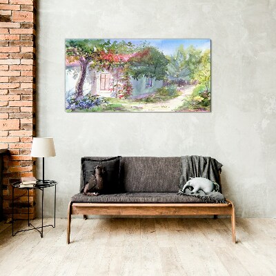 Summer landscape with house and trees Wall art on glass