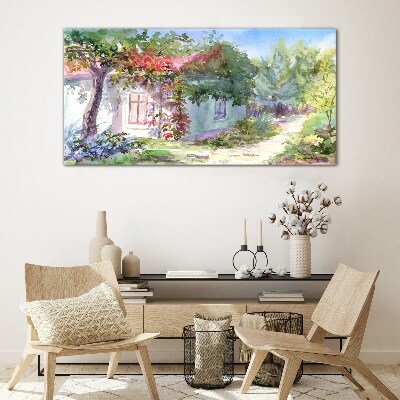 Summer landscape with house and trees Wall art on glass