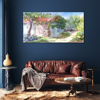 Summer landscape with house and trees Wall art on glass