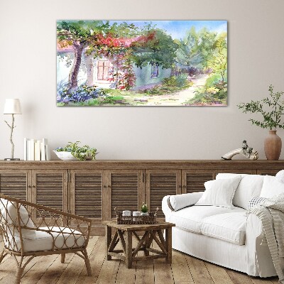 Summer landscape with house and trees Wall art on glass