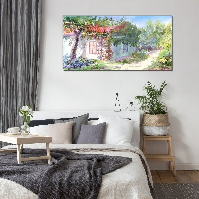 Summer landscape with house and trees Wall art on glass