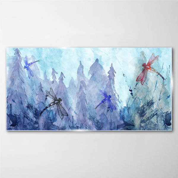 Slender dragonflies in a forest landscape Glass art print
