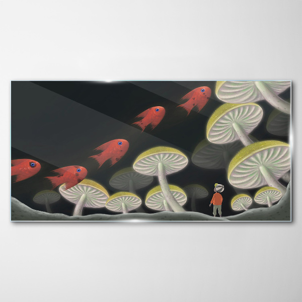 The fantastic world of fish and mushrooms Glass art print