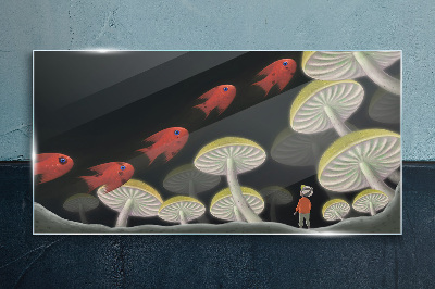 The fantastic world of fish and mushrooms Glass art print