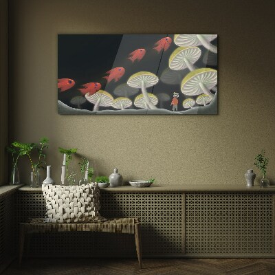 The fantastic world of fish and mushrooms Glass art print