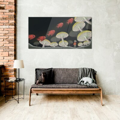 The fantastic world of fish and mushrooms Glass art print