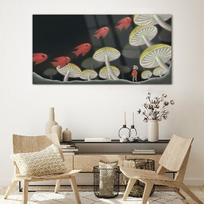 The fantastic world of fish and mushrooms Glass art print