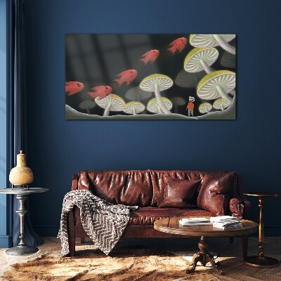 The fantastic world of fish and mushrooms Glass art print