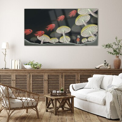 The fantastic world of fish and mushrooms Glass art print