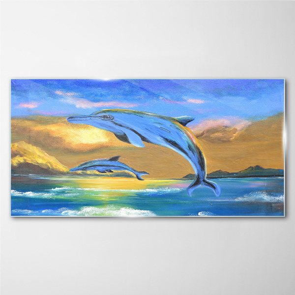 Dolphins in the sunset Wall art on glass