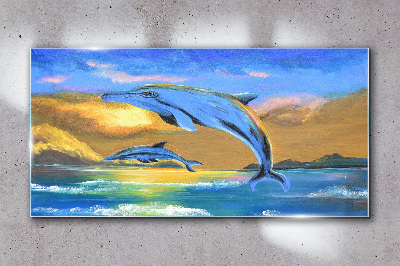 Dolphins in the sunset Wall art on glass