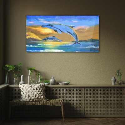 Dolphins in the sunset Wall art on glass