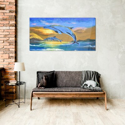 Dolphins in the sunset Wall art on glass