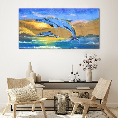 Abstraction dolphins sun Glass Wall Art