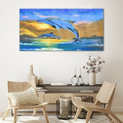 Dolphins in the sunset Wall art on glass