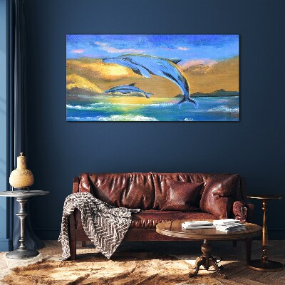 Dolphins in the sunset Wall art on glass