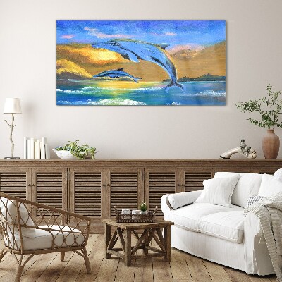 Dolphins in the sunset Wall art on glass
