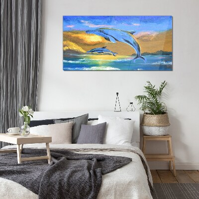 Dolphins in the sunset Wall art on glass