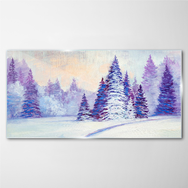 Winter landscape with purple trees Wall art on glass
