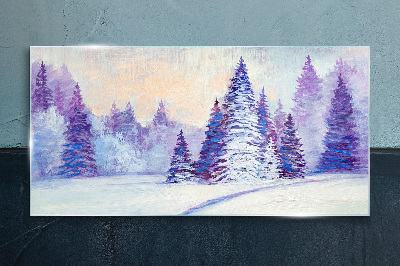 Winter landscape with purple trees Wall art on glass
