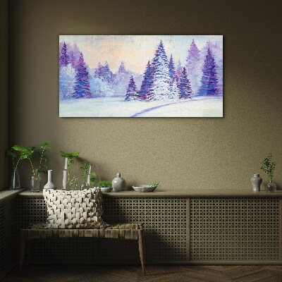 Winter landscape with purple trees Wall art on glass