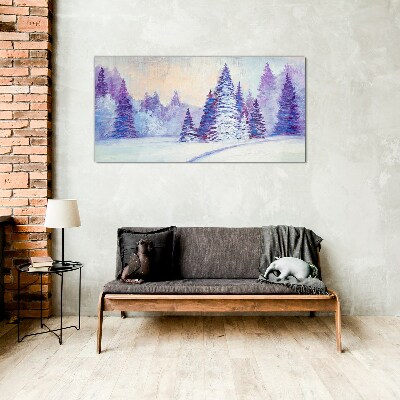 Winter landscape with purple trees Wall art on glass