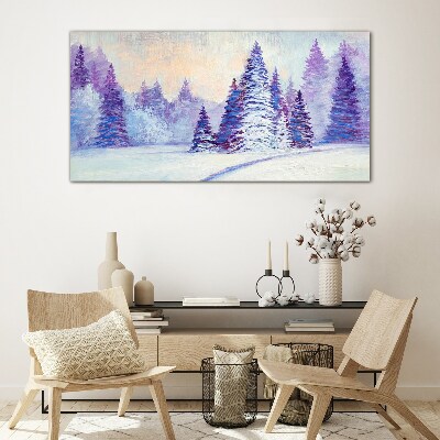 Winter landscape with purple trees Wall art on glass