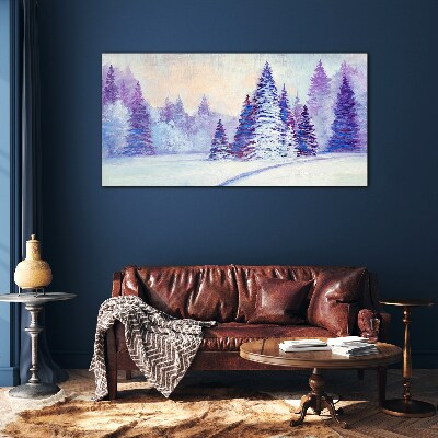 Winter landscape with purple trees Wall art on glass
