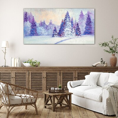 Winter landscape with purple trees Wall art on glass