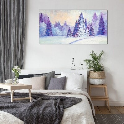 Winter landscape with purple trees Wall art on glass
