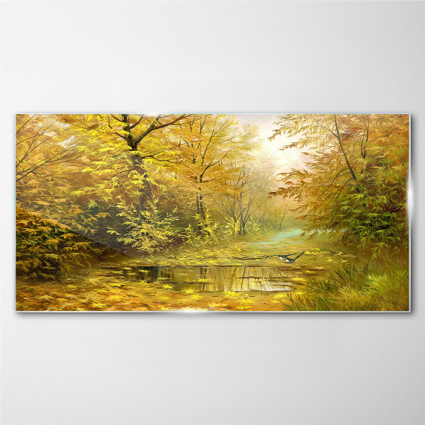 Golden autumn at the pond Wall art on glass