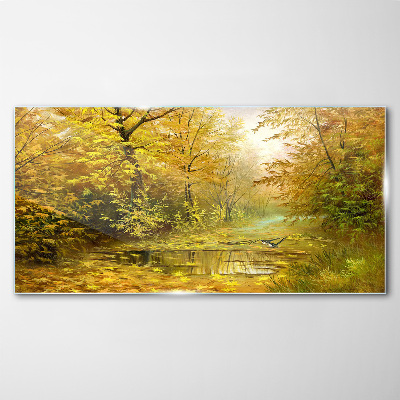 Golden autumn at the pond Wall art on glass