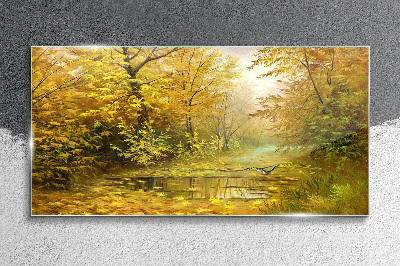 Golden autumn at the pond Wall art on glass
