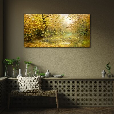 Golden autumn at the pond Wall art on glass