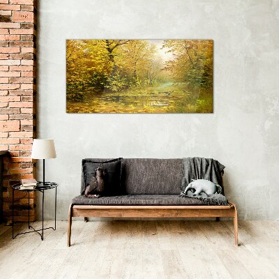 Golden autumn at the pond Wall art on glass