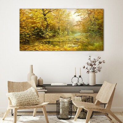 Autumn nature forest river Glass Print