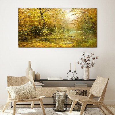 Golden autumn at the pond Wall art on glass