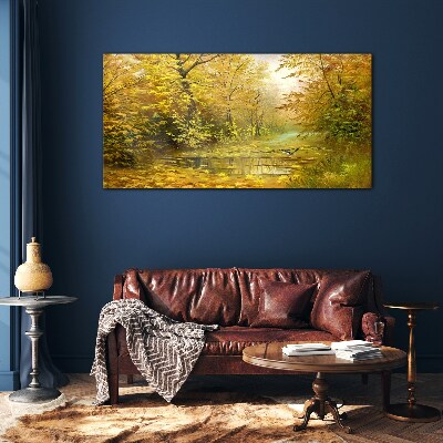 Golden autumn at the pond Wall art on glass