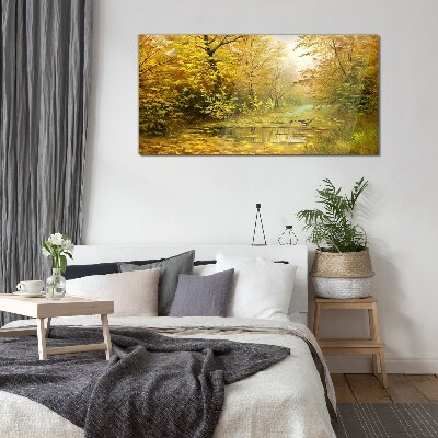 Golden autumn at the pond Wall art on glass