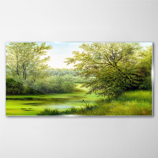 Green landscape by the water Glass art print