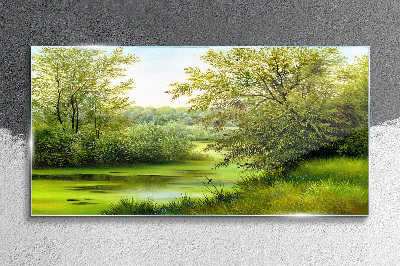 Green landscape by the water Glass art print