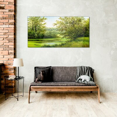 Green landscape by the water Glass art print