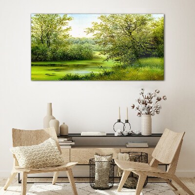 Green landscape by the water Glass art print
