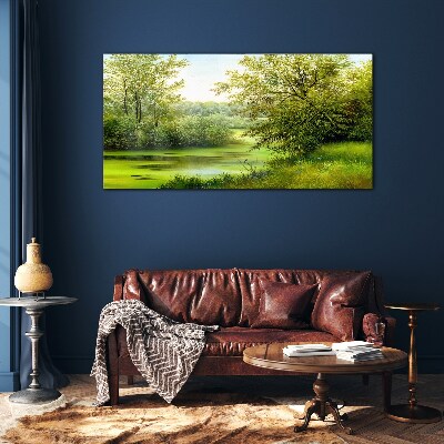 Green landscape by the water Glass art print