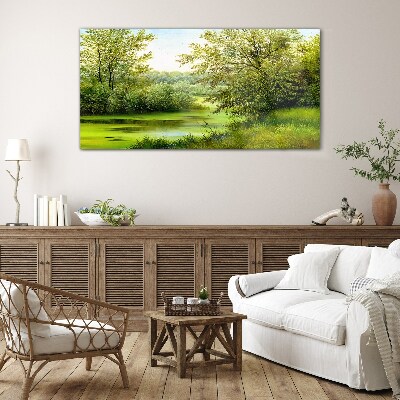 Green landscape by the water Glass art print