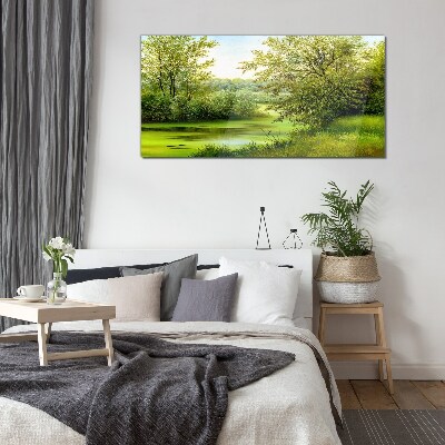 Green landscape by the water Glass art print